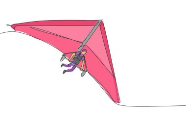 Gökyüzü vektör çiziminde paraşütle uçan genç sporcu çizimleri. Olağanüstü spor konsepti. Modern sürekli çizgi çizimi tasarımı