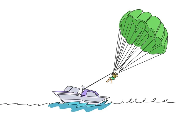 空をパラセーリングパラシュートで飛ぶ若いスポーティな男の一本の線画は ボートベクトルグラフィックイラストで引っ張っ 極端なスポーツの概念 現代の連続線画のデザイン — ストックベクタ