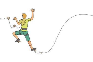 Genç ve cesur dağcı adamın sürekli çizdiği bir çizgi kayalık dağın tepesinde güvenlik halatıyla pratik yapıyor. Tehlikeli ekstrem spor konsepti. Dinamik tek çizgi çizimi tasarım vektörü illüstrasyonu