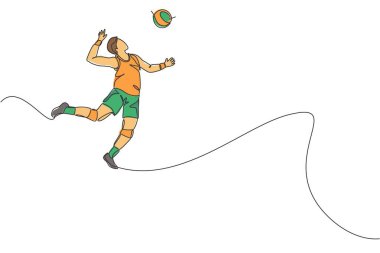 Genç profesyonel voleybol oyuncusunun sahada atlama hareketinin aralıksız çizdiği bir çizgi. Sağlıklı rekabetçi takım spor konsepti. Dinamik tek çizgi çizimi tasarım vektörü illüstrasyonu
