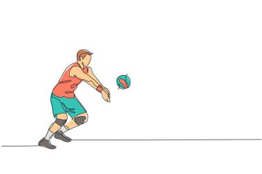 Genç voleybol oyuncusu erkek voleybol oyuncusunun sahada sürekli çizdiği tek çizgi. Takım sporu konsepti. Yarışma oyunu. Bir satır çizimi tasarım vektörü illüstrasyonu