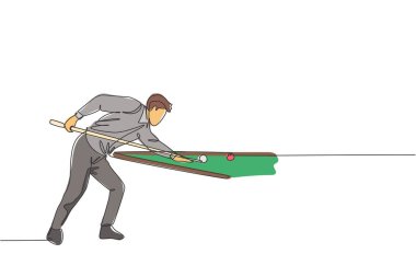 Bilardo salonunda bilardo oynayan yakışıklı bir adamın çizdiği tek çizgi grafik çizimi. Kapalı alan sporu oyun konsepti. Modern sürekli çizgi çizimi tasarımı