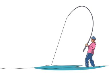 Genç ve mutlu balıkçıların açık denizde balık avlarken çizdikleri tek çizgi. Balıkçılık hobisi tatil konsepti. Moda bir çizgi tasarım vektörü grafik çizimi