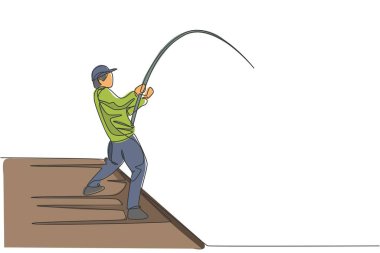 İskelede balık tutan genç ve mutlu balıkçıların tek sıra çizimi. Balıkçılık hobisi tatil konsepti. Bir satır tasarım grafik vektör illüstrasyonu