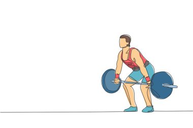 Spor salonu vektör illüstrasyonunda ağırlık kaldıran formda genç, kaslı bir adamın tek çizgi çizimi. Halterci antrenman konseptine hazırlanıyor. Modern sürekli çizgi çizimi tasarımı