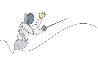 Profesyonel spor sahasında dövüşen genç bir eskrim sporcusunun sürekli çizdiği bir çizgi. Eskrim kostümü ve kılıç tutma konsepti. Dinamik tek çizgi çizimi tasarım vektörü illüstrasyonu