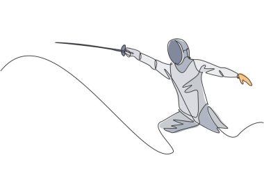 Eskrim maskeli ve Rapier 'lı genç profesyonel eskrim sporcusunun tek sıra çizimi. Rekabetçi dövüş sporları yarışması konsepti. Bir satır çizimi tasarım vektörü illüstrasyonu