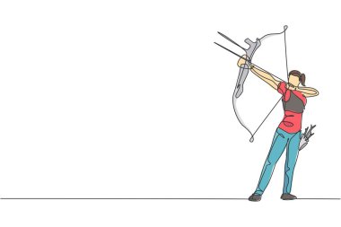 Okçuluk hedefine odaklanan tek bir profesyonel okçu kadın çizgisi. Okçuluk spor egzersizi ve yay konsepti. Moda bir çizgi tasarım vektörü grafik çizimi