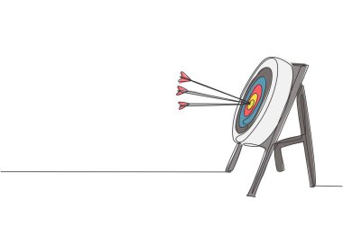 Aralıksız bir ok çizgisi, okçuluk hedefine, yandan görüş alanına isabet etti. Okçuluk spor eğitimi ve egzersiz konsepti. Dinamik tek çizgi grafik tasarım vektörü illüstrasyonu