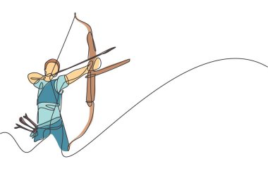Okçuluğun hedef vektör çizimine odaklanmak için okçuluk yaptığı tek bir çizim. Ok sporu konseptiyle sağlıklı bir tazeleme atışı. Modern sürekli çizgi çizimi tasarımı