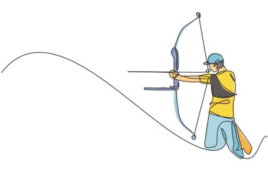 Genç ve profesyonel okçunun sürekli çizdiği tek çizgi okçuluk hedefine odaklanıyor. Okçuluk spor egzersizi ve yay konsepti. Bir satır tasarım vektörü çizimi grafiği