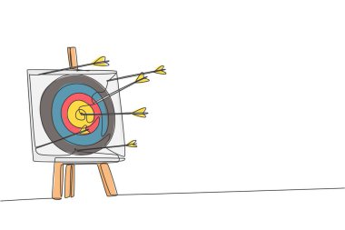 Profesyonel okçunun sürekli çizdiği tek çizgi okçuluk hedefi çok net değil. Okçuluk spor egzersizi ve yay konsepti. Bir satır tasarım vektörü çizimi grafiği