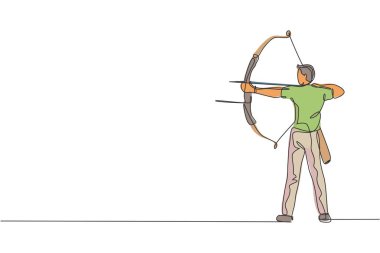 Genç ve profesyonel okçunun sürekli çizdiği tek çizgi okçuluk hedefine odaklanıyor. Okçuluk spor egzersizi ve yay konsepti. Bir satır tasarım grafik vektör illüstrasyonu
