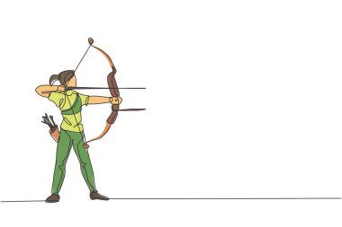 Okçuluk hedefine odaklanan tek bir profesyonel okçu kadın çizgisi. Okçuluk spor egzersizi ve yay konsepti. Bir satır tasarım grafik vektör illüstrasyonu