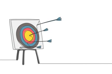 Aralıksız çizilen bir ok, okçuluk hedef tahtasına isabet etti. Okçuluk spor eğitimi ve egzersiz konsepti. Dinamik tek çizgi tasarım vektörü grafik çizimi