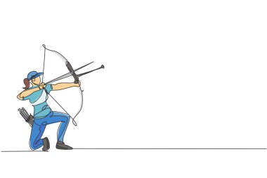 Okçuluk hedefine odaklanan tek bir profesyonel okçu kadın çizgisi. Okçuluk spor egzersizi ve yay konsepti. Bir satır tasarım vektörü çizimi grafiği