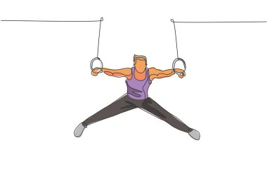 Genç bir adamın jimnastik salonunda sabit halkalar uyguladığı kesintisiz bir çizgi. Mayolu bir jimnastikçi. Sağlıklı spor ve aktif konsept. Dinamik tek çizgi çizim vektör çizimi grafiği