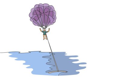 Gökyüzünde paraşütle uçan genç sporcunun çizdiği tek bir çizim, tekne grafik çizimi ile çekildi. Olağanüstü spor konsepti. Modern sürekli çizgi çizimi tasarımı