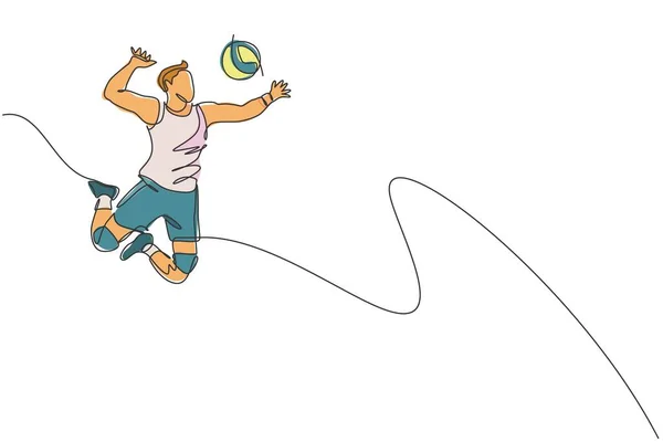 Одна Линия Рисунка Молодых Профессиональных Волейболистов Занимающихся Прыжками Векторной Иллюстрации — стоковый вектор