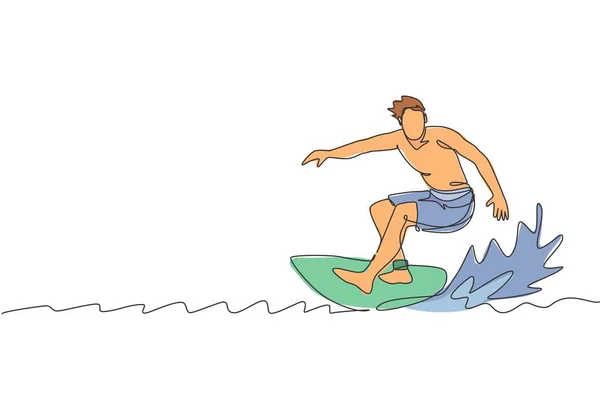 Single Continuous Line Drawing Young Professional Surfer Action Riding Waves — Stock Vector