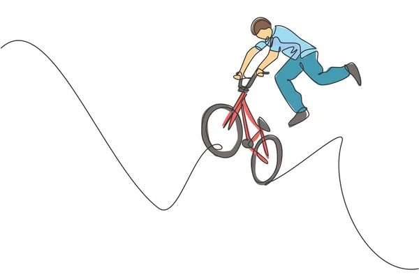 Single continuous line drawing of young BMX cycle rider show jumping into the air trick in skatepark. BMX freestyle concept. One line draw design vector illustration for freestyle promotion media