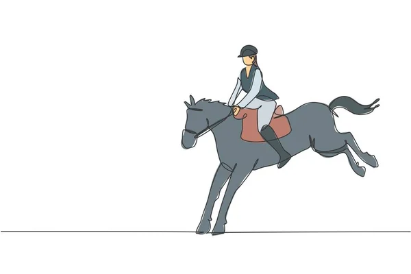一个单行绘图的年轻骑马男子表演服装跳马测试矢量图形 马术表演比赛的概念 现代连续线条绘图设计 — 图库矢量图片