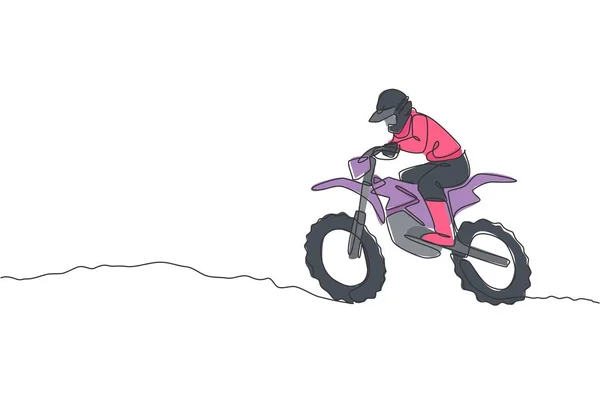 Desenho Uma Única Linha Jovens Motocross Rider Conquistar Obstáculos Pista — Vetor de Stock