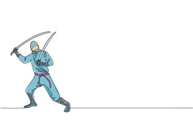Saldırıda samuray kılıçları tutan genç ve enerjik Japon geleneksel ninjalarının çizdiği tek bir çizgi vektör çizimi. Savaşçı dövüş sporları konsepti. Modern sürekli çizgi çizimi tasarımı