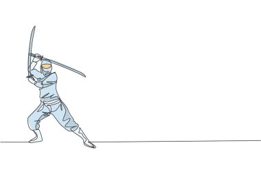 Siyah kostümlü ve saldırı pozisyonunda genç cesur Japon ninja karakterinin durmaksızın çizdiği bir çizgi. Dövüş sanatları kavramı. Dinamik tek çizgi grafik tasarım vektörü illüstrasyonu