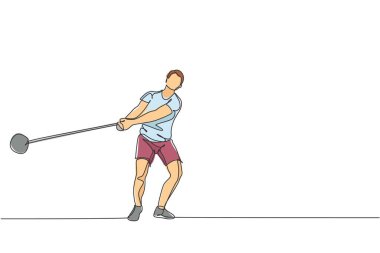 Sallanan çekiçle adliye stadyumunda konsantrasyon sağlamak için genç sporcuların sürekli çizdiği tek çizgi. Atletik oyunlar spor konsepti. Bir satır çizimi tasarım vektörü illüstrasyonu