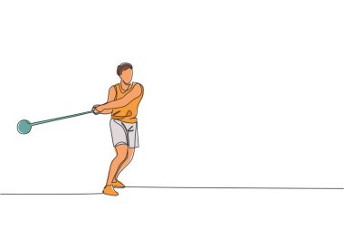 Genç ve enerjik adam egzersizlerinin tek bir çizimi alan vektör çizimine güçlü bir şekilde çekiç fırlatmak için. Sağlıklı yaşam tarzı atletik spor konsepti. Modern sürekli çizgi çizimi tasarımı