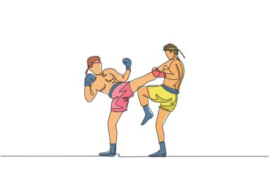 İki genç enerjik Muay Thai dövüşçüsünün tek sıra çizimi jimnastik salonu kondisyon merkezi çiziminde düello eğitimi alması. Saldırgan Tayland boks sporu konsepti. Modern sürekli çizgi çizimi tasarımı