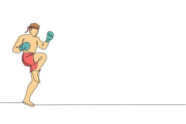 Genç ve enerjik Muay Thai dövüşçülerinin spor salonu kondisyon merkezi çizimlerinde tekme attıkları tek bir çizgi. Saldırgan Tayland boks sporu konsepti. Modern sürekli çizgi çizimi tasarımı