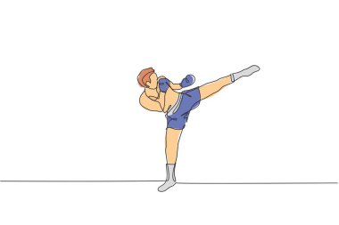 Tek sıra halinde, spor salonunda Tayland boks antrenmanı yapan genç sporcuları çekiyor. Saldırgan Muay Thai sporu konsepti. Yarışma etkinliği. Moda bir çizgi tasarım vektörü grafik çizimi