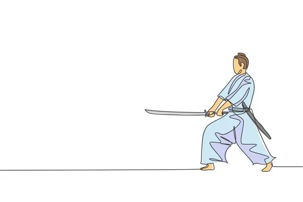 Μια Ενιαία Γραμμή Σχέδιο Του Νεαρού Ιάπωνα Πολεμιστή Σαμουράι Κρατώντας — Διανυσματικό Αρχείο