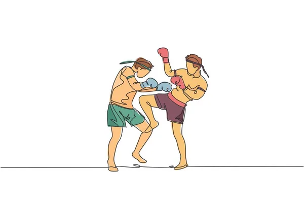 Одна Сплошная Линия Рисунка Двух Молодых Спортивных Муай Тайских Боксеров — стоковый вектор
