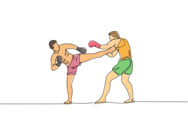 Spor salonunda iki genç sporcunun kickboxer sporcusu antrenmanlarının kesintisiz çizimleri. Antrenman maçı. Kavgacı kickboks sporu konsepti. Tek çizgi çizimi tasarım vektör çizimi