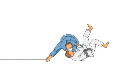 İki genç sportif judoka dövüşçüsünün tek sıra çizimi. Dojo spor salonunda judo becerisi deniyor. Jiujitsu dövüşü, aikido sporu konsepti. Bir satır çizimi tasarım vektörü illüstrasyonu