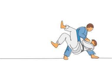 Spor salonunda judo eğitimi veren iki genç adamın kesintisiz çizimleri. Jiu jitsu dövüş sporları yarışması konsepti. Dinamik tek çizgi grafik tasarım vektörü illüstrasyonu