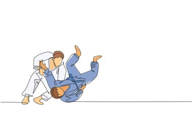 One single line drawing of two young energetic judokas fighter men battle fighting at gym center graphic vector illustration. Martial art sport competition concept. Modern continuous line draw design clipart