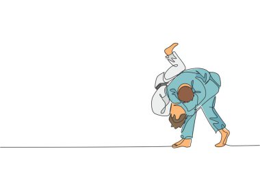 İki genç sportif judoka dövüşçüsünün tek sıra çizimi. Dojo spor salonunda judo becerisi deniyor. Jiujitsu dövüşü, aikido sporu konsepti. Bir satır çizimi tasarım vektörü illüstrasyonu