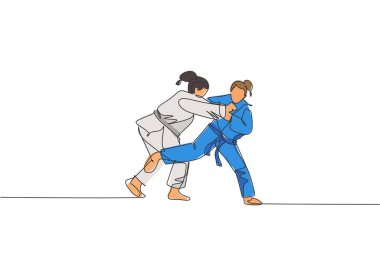 One continuous line drawing two young sporty women training judo technique at sports hall. Jiu jitsu battle fight sport competition concept. Dynamic single line draw design vector graphic illustration clipart