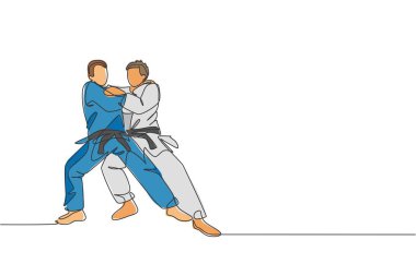 One continuous line drawing of two young sporty men training judo technique at sport hall. Jiu jitsu battle fight sport competition concept. Dynamic single line draw design graphic vector illustration clipart
