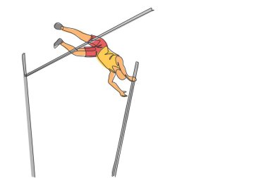 Sahada sırıkla atlama çubuğunu geçmek için antrenman yapan genç sporcu çizgisi. Sağlıklı atletik spor konsepti. Şampiyonluk maçı. Dinamik tek çizgi çizimi tasarım vektörü illüstrasyonu