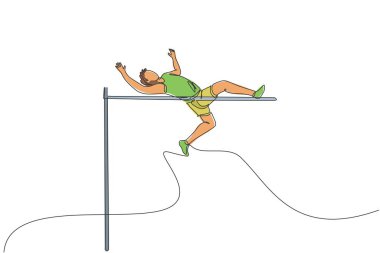 Genç ve enerjik bir adamın yüksek atlama vektör illüstrasyonunda çıtayı geçmek için yaptığı tek bir çizim. Sağlıklı atletik spor konsepti. Yarışma etkinliği. Modern sürekli çizgi çizimi tasarımı