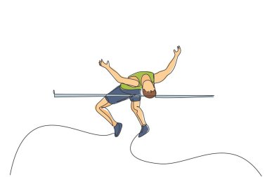 Yüksek atlama oyununda genç sporcunun çıtayı sürekli geçtiği bir çizgi. Sağlıklı atletik spor konsepti. Şampiyonluk maçı. Tek çizgi çizimi tasarım vektör çizimi