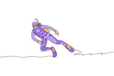 Tek sıra halinde, sportif genç bir adam derin deniz okyanusuna dalış yaparak deniz yaşamını keşfediyor. Sualtı sporu konsepti. Moda bir çizgi tasarım vektörü grafik çizimi