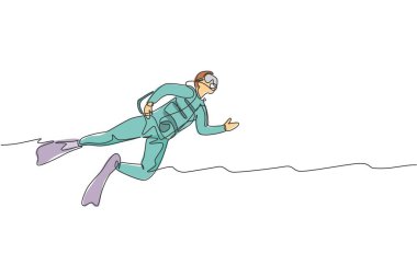 Genç ve enerjik bir adamın balık, mercan resifi ve sualtı yaşam vektör ilüstrasyonunu görmek için deniz okyanusunda yüzüşünün tek bir çizgisi. Sağlık yaşam tarzı spor konsepti. Modern sürekli çizgi çizimi tasarımı