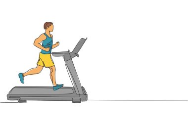 Spor salonu klüp merkezinde koşu bandıyla koşan genç sporcuların sürekli çizdiği çizgiler. Spor esneme konsepti. Bir satır çizimi tasarım vektörü illüstrasyonu