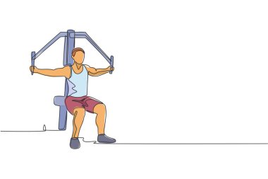 Jimnastik salonunda çekiç gücü makinesiyle genç ve enerjik bir adam egzersizi çizen tek çizgi grafik vektör çizimi. Sağlıklı yaşam tarzı spor konsepti. Modern sürekli çizgi çizimi tasarımı
